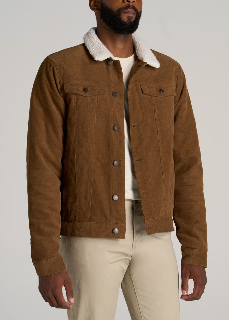 American-Tall-Men-Sherpa-Corduroy-Trucker-Jacket-Tan-Brown-front Beige Corduroy Jacket Outfit Men, Brown Corduroy Outerwear With Corduroy Collar, Classic Corduroy Outerwear With Corduroy Collar, Beige Corduroy Jacket Outfit, Corduroy Jacket Outfit Men, Corduroy Jacket Outfit, Masc Style, Jacket Outfit Men, Corduroy Trucker Jacket