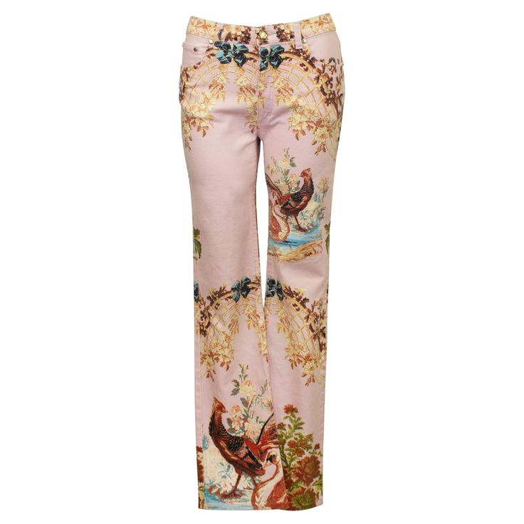 Roberto Cavalli printed five pocket jeans from S/S 2003. Pale pink with a beautiful Chinoiserie inspired print featuring florals, bows, lattice, pheasants and swans. Mid rise with flared leg. Many different elements of the print are highlighted with gold glitter. Signed fabric and tonal top stitching. Excellent vintage condition. Made in Italy. This S/S 2003 collection has made a resurgence with many celebrities wearing pieces from this quintessentially Y2K collection. Marked size S. Roberto Cavalli Pants, Birthday Jeans, Roberto Cavalli Vintage, 2003 Fashion, Vintage Roberto Cavalli, Robert Cavalli, Jean Rose, Cavalli Jeans, Colorful Pants