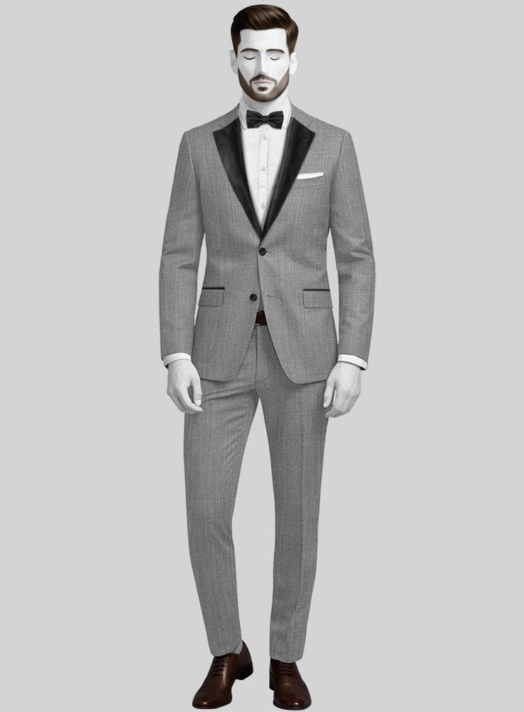 Thanks to its smart wool blend, our Napoleon Stretch Mid Gray Wool Tuxedo Suit looks as good at the end of the day as it does when you first slip it on. Made from a wool blend with lycra, you can easily move, run, and walk while wearing it. Accentuated with a simple plain weave dyed in a mid gray colorway, it gives you a sharp and suave look for formal evening events or even high-class meetings!   Featuring satin lapel, matching satin covered buttons and gentle texture at its surface, our tuxedo is a subtle fashion-forward take on traditional tailoring.  Look Includes    Napolean     Stretch     Mid     Gray     Wool  Fabric  Two Button Tuxedo Jacket Style   Notch   Lapels (3-3.2")   Black Tuxedo Buttons  Single Vent  Three Cuff Buttons  Two Welted Back Pockets on Trousers    Click 'Custom Timeless Fitted Winter Suit, Tailored Wool Tuxedo For Winter, Fitted Wool Tuxedo With Long Sleeves, Elegant Winter Business Casual Tuxedo, Fitted Wool Tuxedo Suit, Fitted Wool Tuxedo With Pressed Crease, Classic Winter Tuxedo For Business Casual, Business Wool Fitted Tuxedo, Fitted Wool Tuxedo For Business