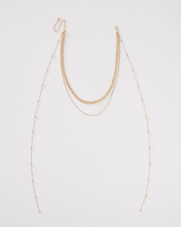 24k gold plated Hypoallergenic Pre-layered necklace. Curb chain. Cable chain with round gold beads. Lobster clasp Measurements approx. Shortest chain: 15" Longest chain: 16.25" Extender: 3.5" Layered Necklace, Long Chain, Curb Chain, Gold Beads, Cable Chain, Layered Necklaces, Lobster Clasp, 18k Gold, Gold Plate