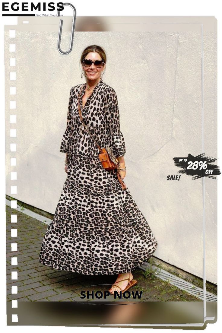 Leopard Print Dress Bohemian Style Dress Printed V-neck Maxi Dress For Day Out, Casual Printed Tunic Maxi Dress, Chic Boho Print Maxi Dress For Fall, Fall Vacation Floral Print Maxi Dress, Chic Non-stretch Beach Dress, Chic Non-stretch Dress For Beach, Chic Flowy Boho Print Dress, Chic Long-sleeved Boho Dress For Summer, Spring V-neck Maxi Dress With Boho Print