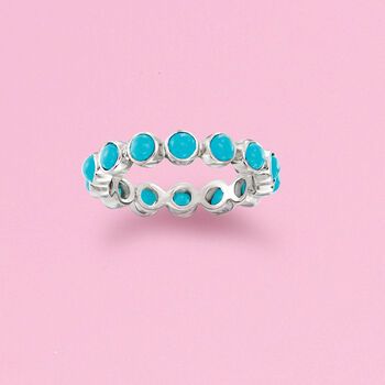 Ross-Simons - Turquoise Eternity Band Ring in Sterling Silver. Size 7. Add color to your stack! This eternity band wraps the finger with 3mm stabilized turquoise cabochons in polished sterling silver. 3/16" wide. Stabilized turquoise eternity band. Stackable Turquoise Round Jewelry, Adjustable Turquoise Gemstone Stackable Rings, Adjustable Stackable Turquoise Ring, Blue Turquoise Stackable Round Ring, Stackable Round Turquoise Ring In Blue, Colorful Ring, Eternity Band Ring, Color Ring, Eternity Band