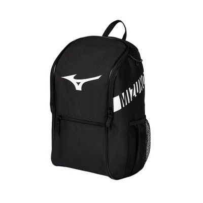 a black backpack with white logo on the front and side panels, two zippers at the bottom