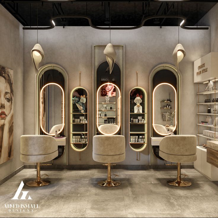 the interior of a hair salon with chairs and mirrors