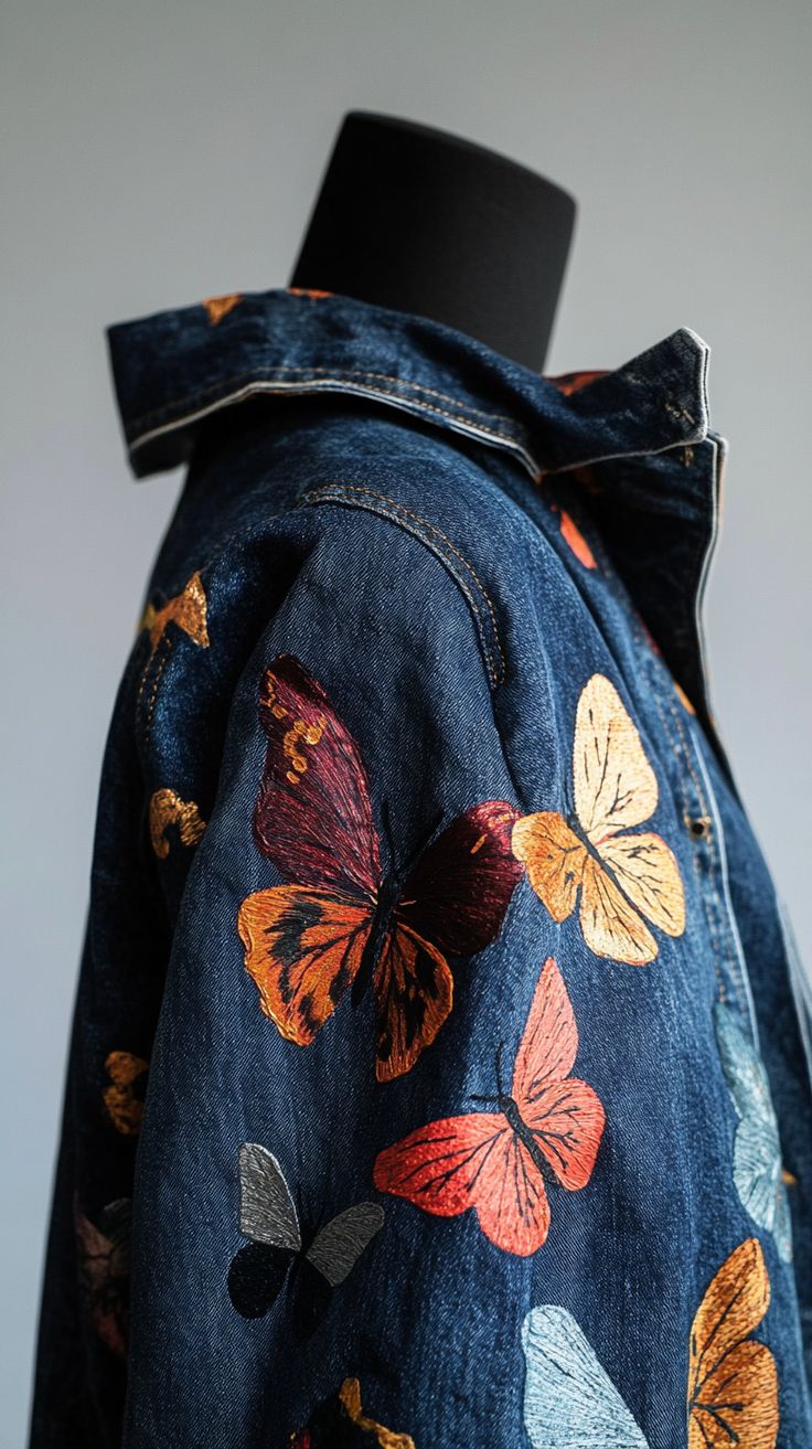 Vibrant hand-painted butterflies design on a classic blue denim jacket, draped over a mannequin, captured in natural light with a soft focus, showcasing intricate details. Jean Jacket Art Ideas, Diy Denim Jacket Paint Ideas, Jacket Painting Ideas, Denim Painting Ideas, Painted Denim Jacket Ideas, Jean Jacket Diy Upcycling, Painting On Denim Jacket, Upcycle Denim Jacket, Paint On Denim