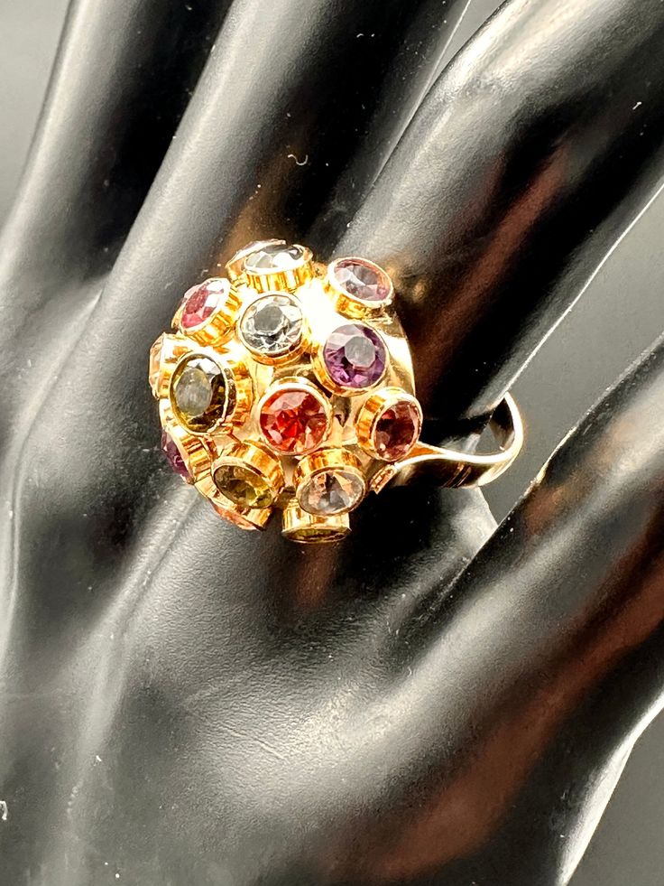 Wonderful Retro 18k Gold 1950's Sputnik Ring with 19 Gemstones - Size 6 1/4 Gemstones not tested but appear to include: Aquamarine, Citrine, Garnet, Tourmaline, Amethyst and more!! All stones appear to be in good condition in the bevel setting. One is set a bit low as shown.  Great vintage statement ring! Weight: 3.56g Ref#CF Antique Gold Cluster Ring With Multi-stone, Yellow Gold Multi-stone Rings For Party, Vintage Gold Multi-stone Cluster Ring, Yellow Gold Multi-stone Dome Ring, Vintage Multi-stone Cluster Ring, Gold Multi-stone Dome Ring, Gold Multi-stone Cluster Ring, Gold Cluster Ring With Multi-stone, Antique Multi-stone Cluster Ring