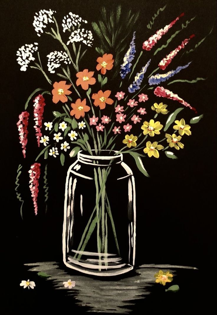 a painting of flowers in a vase on a black background