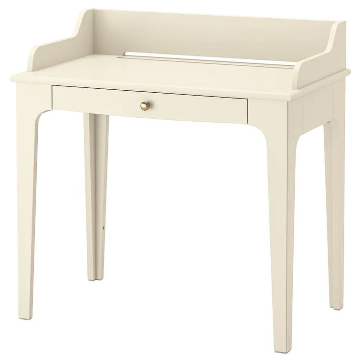 a small white desk with drawers on it's legs and an open drawer at the top