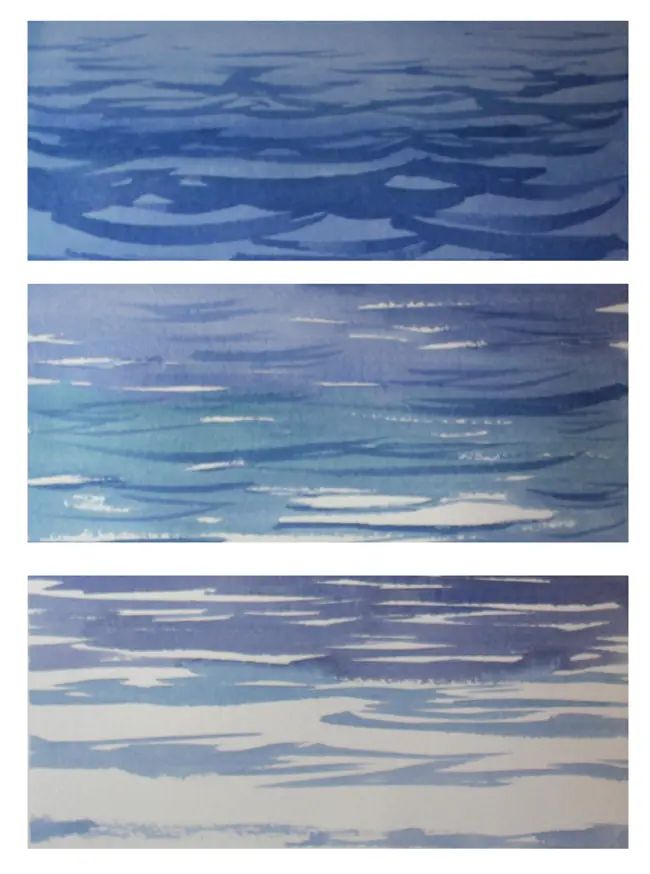 three watercolor paintings of blue and white waves