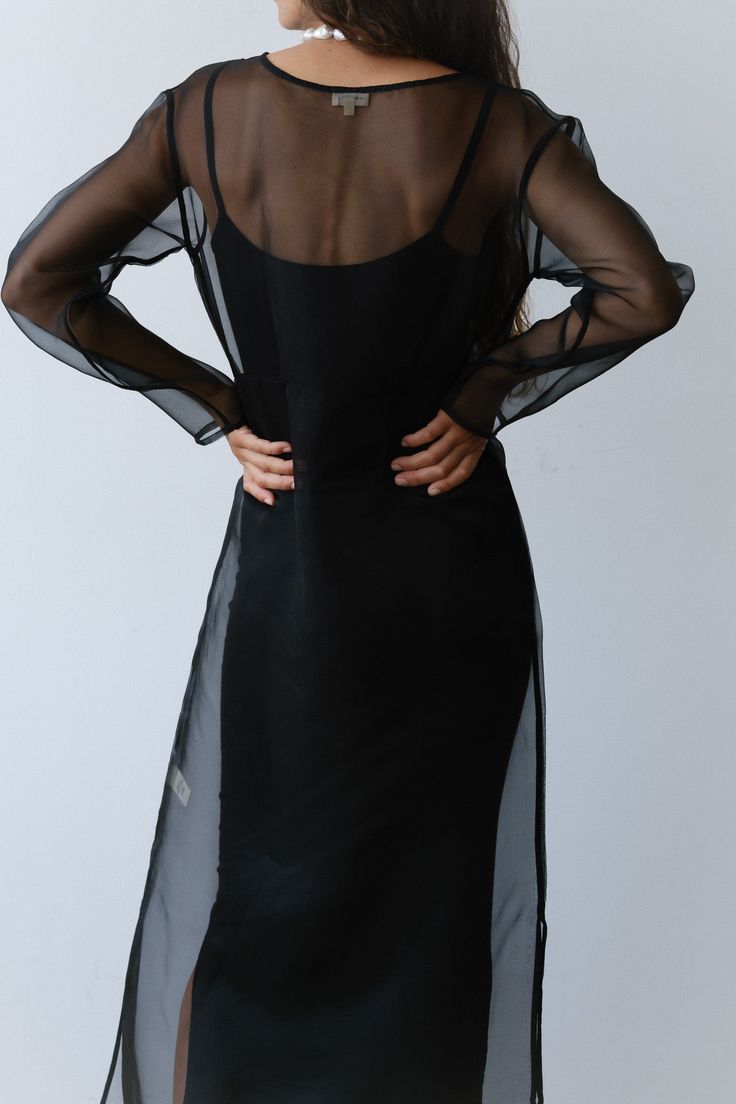 The Organza Dress is crafted from 100% silk and features, piping details throughout, side slits at the bottom, and a boxy fit. Please note this is a sheer style as intended. We love to layer it with The Jersey Slip Dress for coverage. Made in Los Angeles Maya is 5’9”, 34” bust, 25” waist, 33.5” hips. She is wearing a size small. Care: Dry clean only. Silk Organza Dress, Painter Pants, Striped Pant, Organza Dress, Spring Fabric, Silk Organza, Farmers Market, Piping, Sleeve Dress