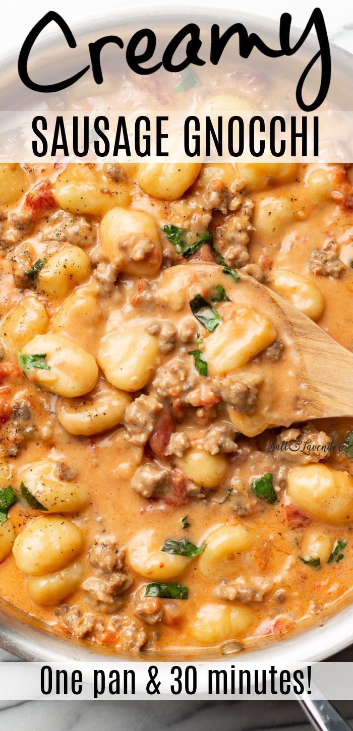 a skillet with gnocchi and a wooden spoon and text overlay that reads creamy sausage gnocchi - one pant and 30 minutes! Creamy Sausage Gnocchi, Ground Italian Sausage Recipes, Gnocchi With Sausage, Creamy Gnocchi, Sausage Gnocchi, Italian Sausage Sandwich, Sausage Crockpot, Sausage Pasta Recipes, Italian Sausage Pasta