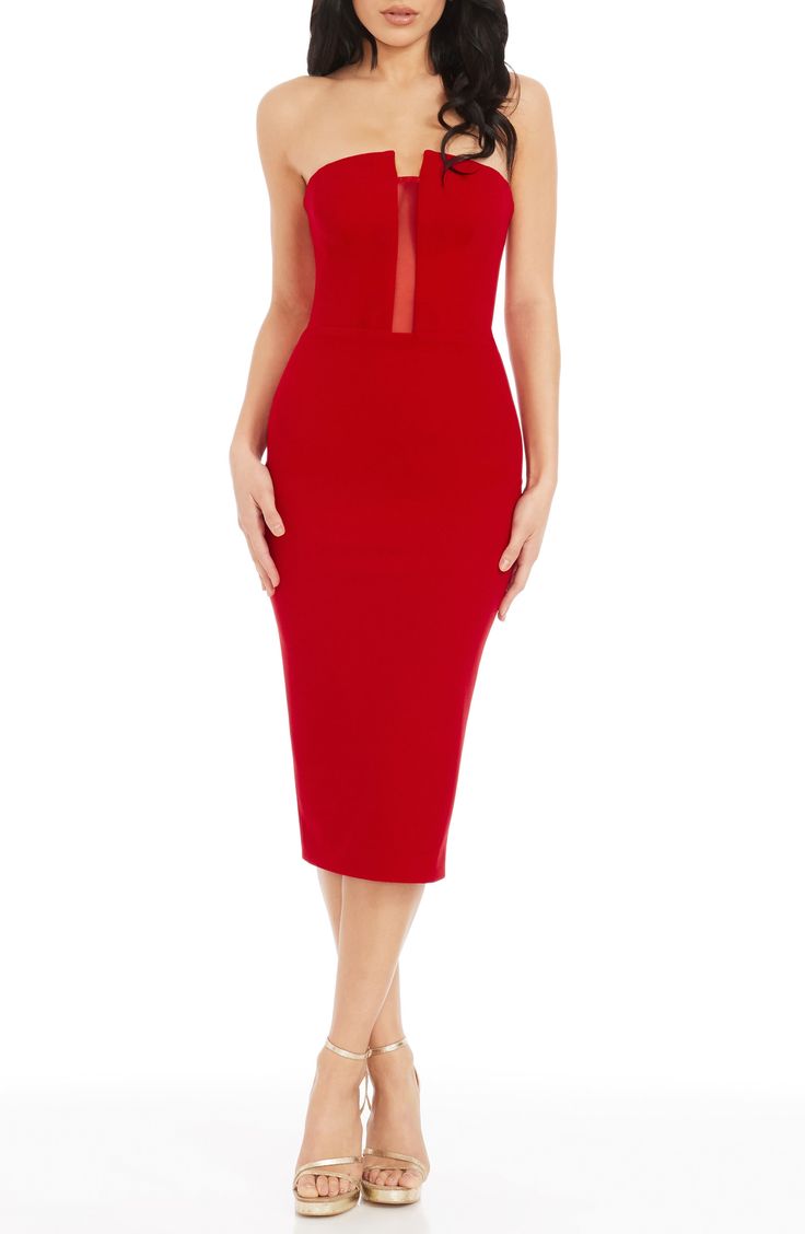 A quietly stunning dress gets straight to the point with a fitted silhouette and a deeply dipped neckline. 38" front length; 36" back length (size Medium) Strapless Plunge neck with illusion lace panel Partially Lined 96% polyester, 4% spandex Hand wash, dry flat Imported Red Dress Wedding, Holiday Dresses Classy, Red Wedding Dresses, Dress The Population, Lace Panelled, Fitted Silhouette, Classy Women, Fabric Gifts, Free Fabric