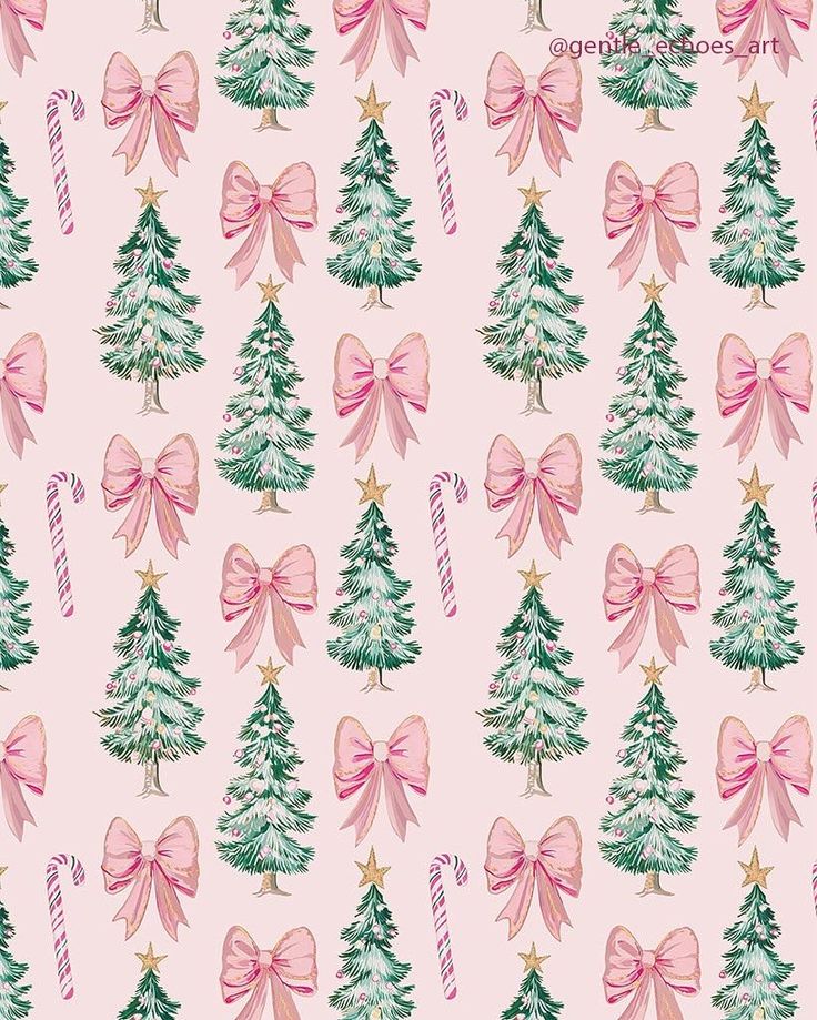 watercolor christmas trees with bows and candy canes on a pink background seamless wallpaper