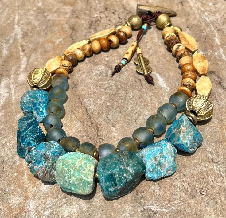 Bohemian Choker Chunky Aqua Blue Apatite,  Amazonite and African Tribal Beads African Beaded Jewelry, Bohemian Choker Necklace, Bohemian Chic Jewelry, Ocean Inspired Jewelry, Artisan Jewelry Necklaces, Boho Chic Necklace, Art Necklaces, Chic Necklace, Boho Chic Jewelry