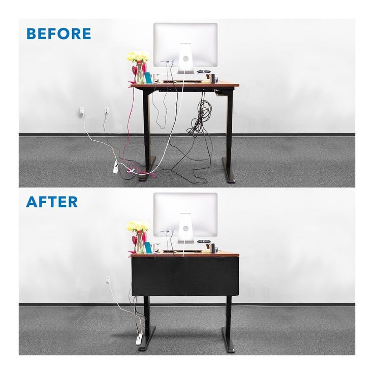 two images side by side showing the before and after of a computer desk