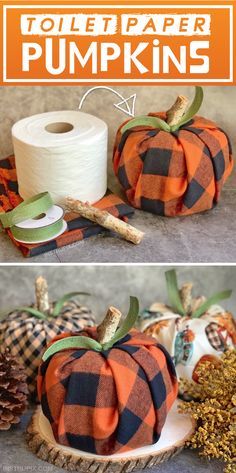 an image of toilet paper pumpkins in the process of being made with yarn and twine