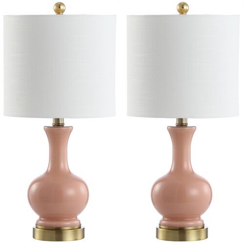 pair of pink ceramic table lamps with gold base and white linen shade on each lamp