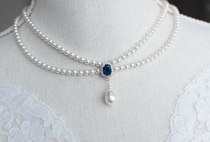 Pearl Necklace With Blue Stone, Sapphire Wedding Necklace, Pearl And Sapphire Necklace, Vintage Royal Jewelry, Sapphire Necklace Wedding, Sapphire And Pearl Necklace, Blue Pearl Necklace, White Sapphire Necklace, Blue Choker Necklace