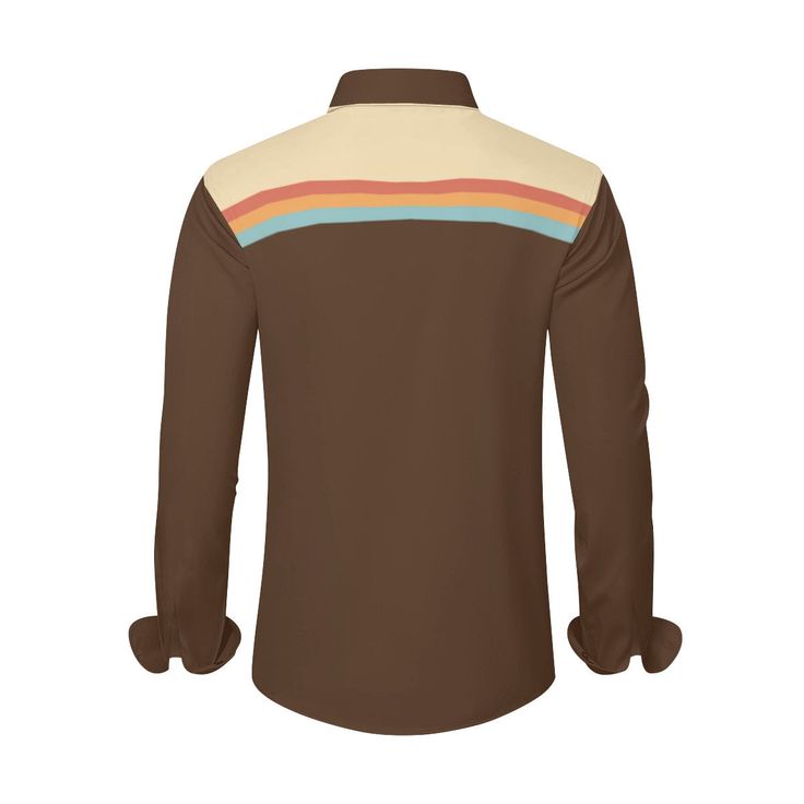 Elevate your style with our Retro Shirt, a perfect blend of 70s Style and Vintage flair. This Color Block Shirt for Men brings the essence of the 70s into your wardrobe with its vibrant and stylish design. The Brown Shirt features striking red, orange, and blue stripe detailing across the chest and sleeves, adding a bold and distinctive touch to your ensemble.Crafted from 100% polyester, this Men's Dress Shirt ensures both comfort and durability. The long cuff sleeves with button enclosure provi Retro Brown Cotton Camp Shirt, Brown Collared Shirt With Retro Print, Retro Brown Cotton Shirt, Brown Retro Top With Relaxed Fit, Retro Long Sleeve Cotton Shirt, Retro Long Sleeve Shirt With Retro Print, Brown Cotton Tops With Retro Print, Retro Brown Shirt For Fall, Retro Brown Long Sleeve Shirt