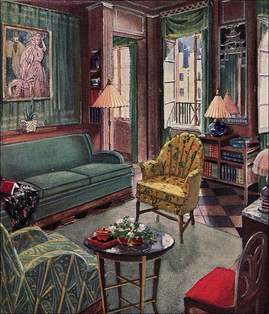 a drawing of a living room with green furniture and paintings on the wall behind it