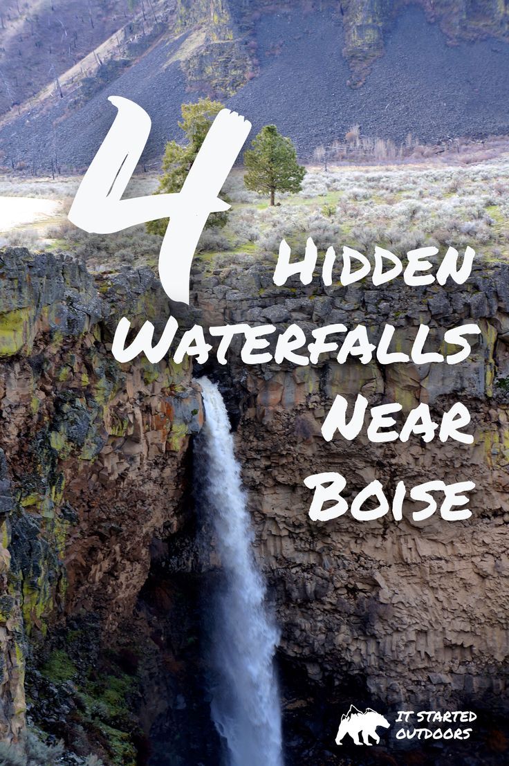 a waterfall with the words 4 hidden waterfalls near boise on it and an image of a bear