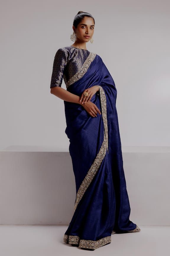 Blue saree featuring bead embroidered floral border on an woven base. Comes with kadhwa woven floral blouse and petticoat. - Aza Fashions Elegant Embroidered Art Silk Pre-draped Saree, Elegant Pre-draped Saree With Embroidered Border For Wedding, Elegant Cotton Silk Pre-draped Saree With Embroidered Border, Formal Festive Pre-draped Saree With Intricate Embroidery, Blue Embroidered Pre-draped Saree For Transitional Season, Elegant Semi-stitched Pre-draped Saree With Embroidered Border, Wedding Pre-draped Saree With Embroidered Border In Slub Silk, Festive Blue Cotton Silk Pre-draped Saree, Blue Cotton Silk Pre-draped Saree With Zari Work