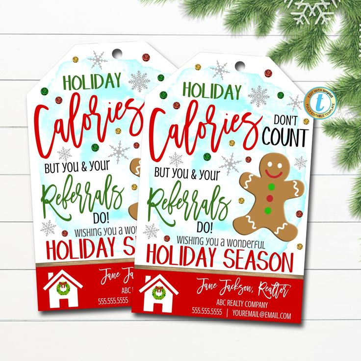 two christmas gift tags with holiday sayings and a gingerbread on the front one