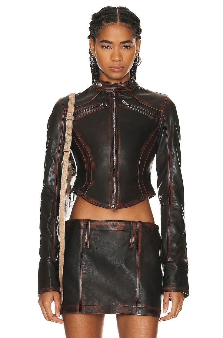 Find Mimchik Moto Leather Jacket In Brown on Editorialist. Mimchik Moto Leather Jacket in Brown Self: 100% leather Lining: 100% nylon. Made in USA. Dry clean only. Front zipper closure. Zipper pockets at chest. Zipper cuffs. Item not sold as a set. MMCF-WO2. moto leather. About the designer: Edgy Brown Leather Biker Jacket, Designer Leather Jacket With Zipper Closure, Fitted Leather Biker Jacket With Asymmetrical Zip, Fitted Leather Jacket With Padded Collar, Fitted Brown Leather Jacket With Padded Collar, Designer Brown Leather Jacket With Zipper, Designer Brown Leather Jacket With Zipper Closure, Fitted Moto Leather Jacket With Asymmetrical Zip, Fitted Brown Leather Jacket With Asymmetrical Zip