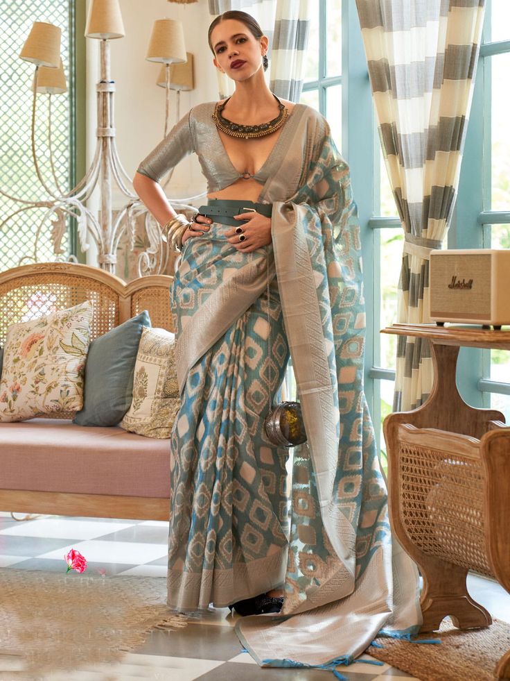 Bollywood Sarees Online, Kalki Koechlin, Trendy Saree, Handloom Weaving, Tissue Saree, Blue Saree, Trendy Sarees, Madurai, Work Sarees