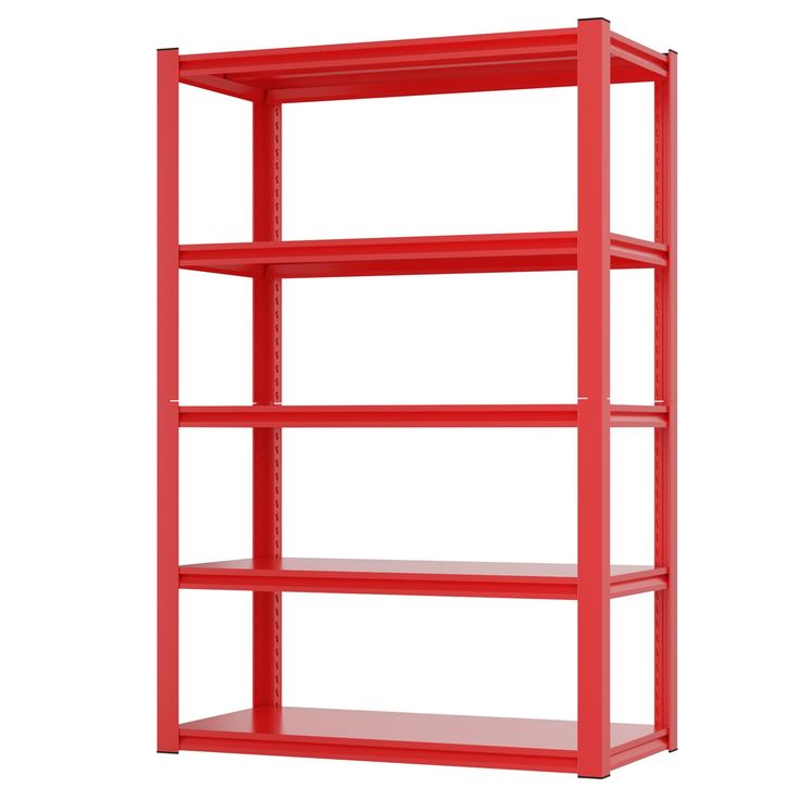 a red shelving unit with four shelves