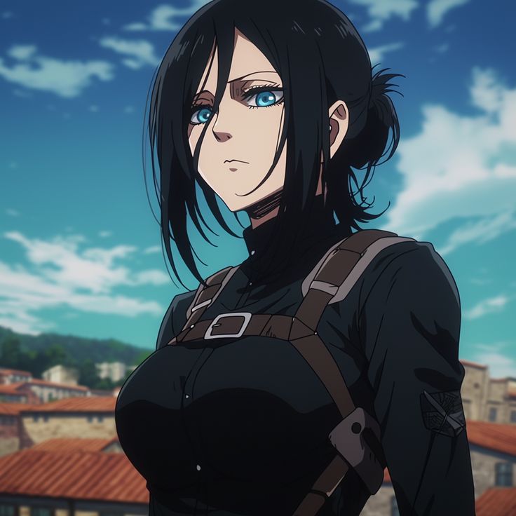 an anime character with blue eyes standing in front of a cityscape and looking at the camera