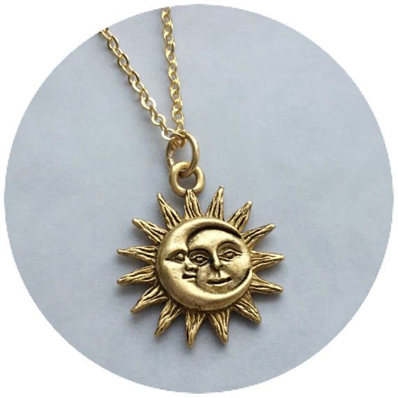 Sun and Moon necklace 18mm gold plated pewter charm Sun Moon Gold Celestial Charm Necklace, Adjustable Gold Celestial Charm Necklace, Gold Moon Charm Necklace With Sun And Moon Design, Adjustable Gold Charm Necklace Nickel-free, Adjustable Gold Charm Necklace Nickel Free, Celestial Metal Charm Necklaces As Gift, Gold Brass Celestial Charm Necklaces, Gold Celestial Charm Necklaces In Brass, Gold Celestial Charm Necklace In Brass