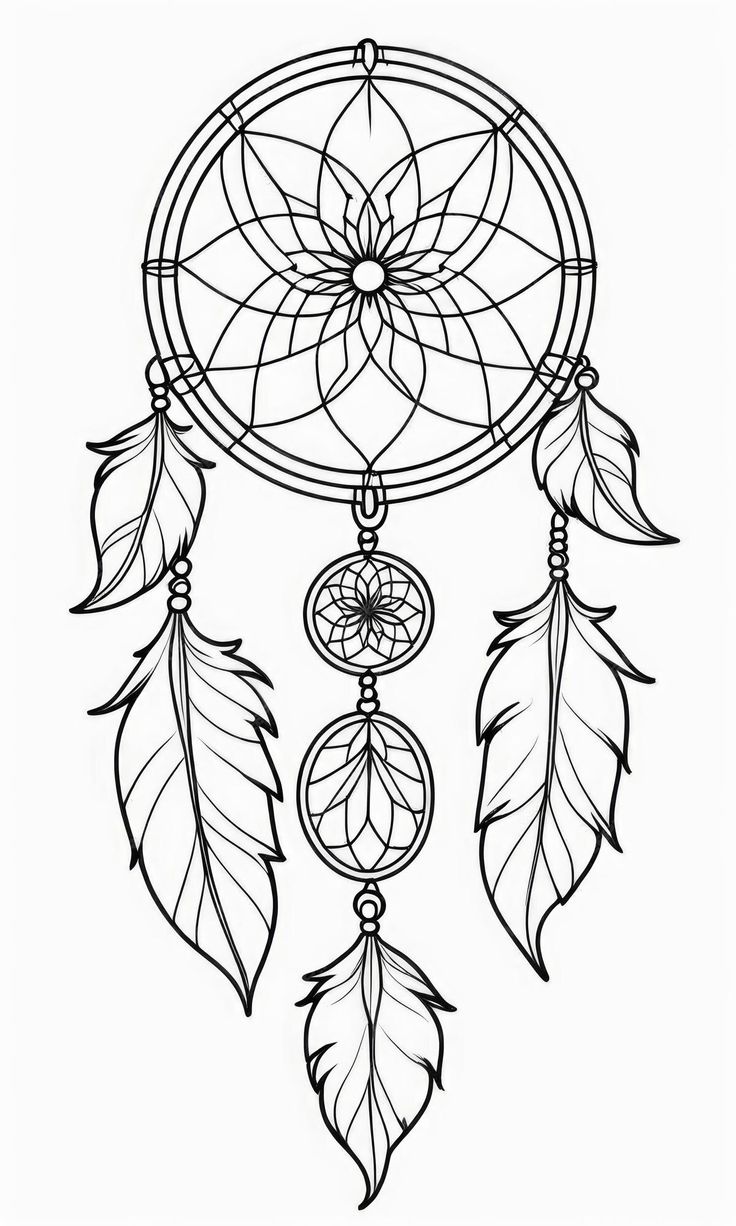 a black and white drawing of a dream catcher