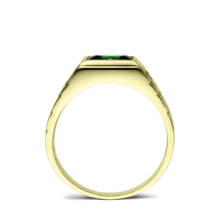 Metal: Yellow Gold Purity: 10K (hallmarked)Gemstone: Emerald Carat Total Weight: 3.20 Cut: Square Faceted7 x 7 mm (0.25" x 0.25")Setting Type: Bezel Yellow Gold Mens Rings, Wedding Band Ring, Aquamarine Blue, Men's Ring, Green Emerald, Wedding Ring Bands, Band Ring, Emerald Green, Aquamarine