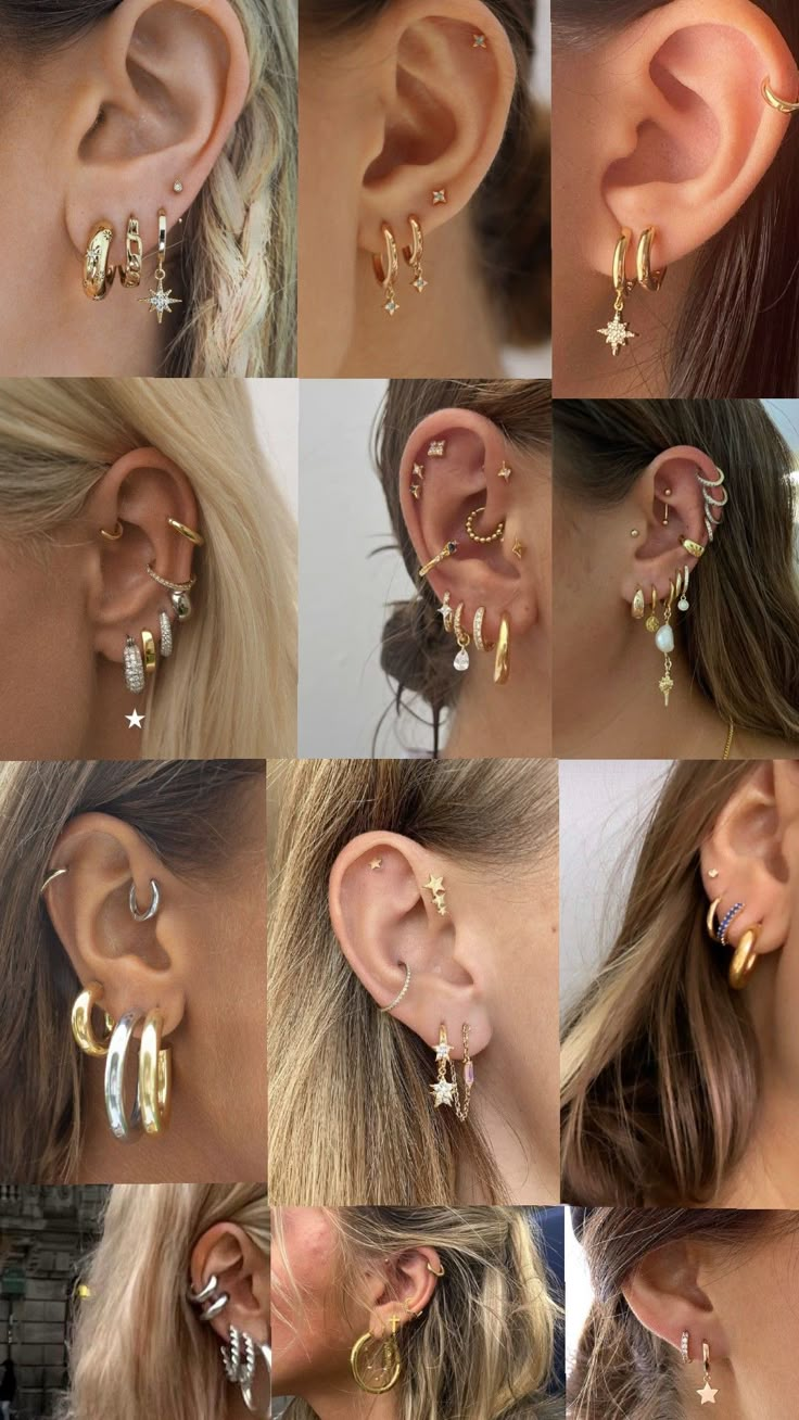 multiple images of different types of ear piercings