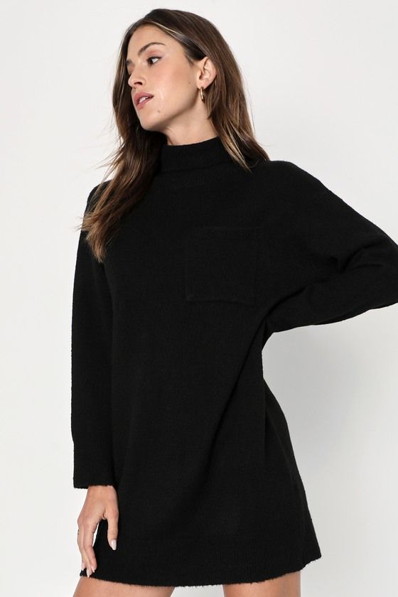 Prepare to be the cutest (and warmest) babe of the season in the Lulus Positively Charming Black Turtleneck Mini Sweater Dress! Soft brushed sweater knit shapes this cozy dress that features a chic turtleneck framed by long sleeves with drop shoulders. The relaxed, shift silhouette boasts a front patch pocket before it falls to a cute mini hem that pairs perfectly with your favorite knee-high boots. Ribbed knit accents the neckline, cuffs, and hem. Fit: This garment fits true to size. Length: Mi Chic Sweater Dress With Ribbed Neckline For Fall, Crew Neck Sweater Dress For Winter, High Neck Knit Sweater With Ribbed Neckline, Chic Winter Turtleneck With Crew Neck, Winter Textured Knit Crew Neck Sweater Dress, Black Textured Knit Turtleneck For Winter, Knit Sweater With Ribbed High Neckline, Solid Knit Sweater Dress For Fall, Knit Sweater Dress For Fall