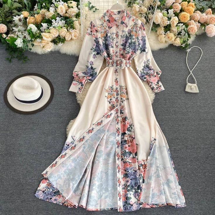 Floral Print Turn Down Collar Single Breasted High Waist A Line With Belt Dress Vestidos Vintage, Floral Print Maxi Dress, Floral Print Maxi, Mode Hijab, Luxury Dress, Slim Dresses, Maxi Dress Party, Fesyen Wanita, Mode Style