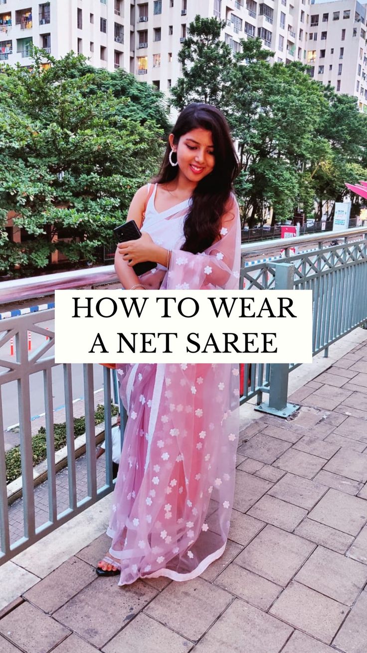 How to wear a Net Saree | Saree Draping Tutorial How To Style Net Saree, How To Wear Net Saree, Net Saree Draping Styles, Net Saree Styling, Net Saree Look, Saree Draping Styles Tutorials, Netted Sarees, Saree Draping Tutorial, Saree With Pants