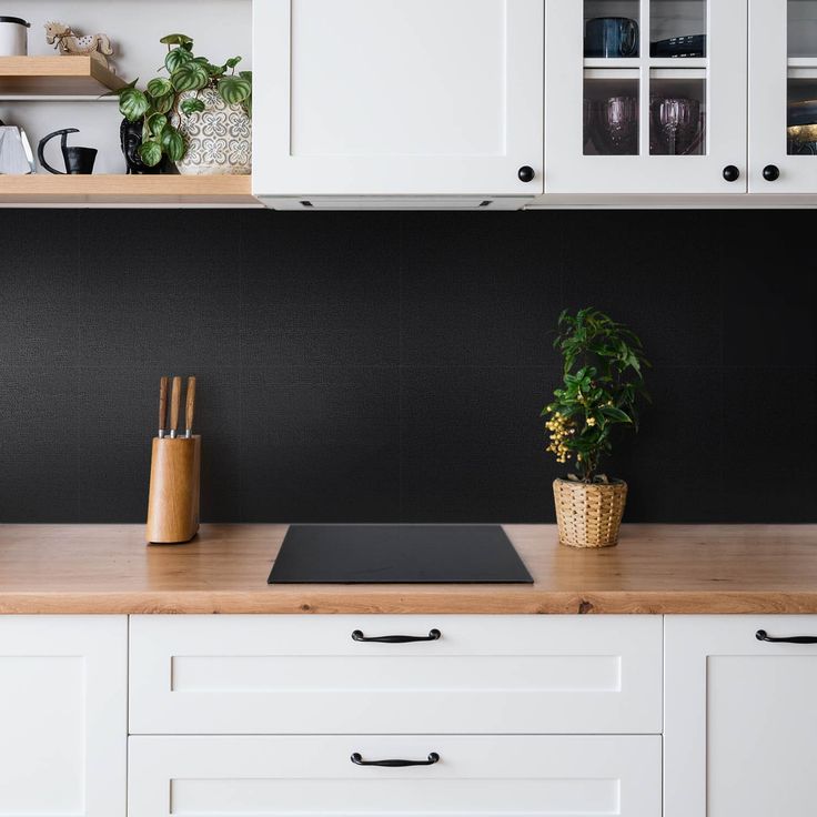 a potted plant sits on top of a counter in a kitchen with white cabinets and black backsplash