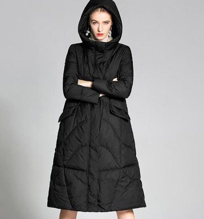 long-women-duck-down-coat (7) Black Puffer Jacket For Winter, Black Hooded Jacket For Winter, Duck Down Parka For Cold Weather In Fall, Casual Black Duck Down Parka, Casual Down Parka For Winter, Black Down Hooded Jacket For Winter, Winter Down Long Coat, Long Down Coat For Winter, Fall Duck Down Parka For Cold Weather