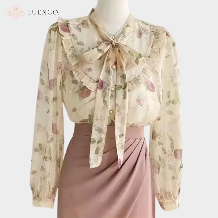 Luexco Floral Chiffon Blouse Long Bubble Sleeve Top Front 1 Bubble Sleeve Top, Floral Chiffon Blouse, Satin Long Sleeve, Chic Blouses, Casual Rompers, Bubble Sleeve, Bow Blouse, Elegant Blouses, Chic Top