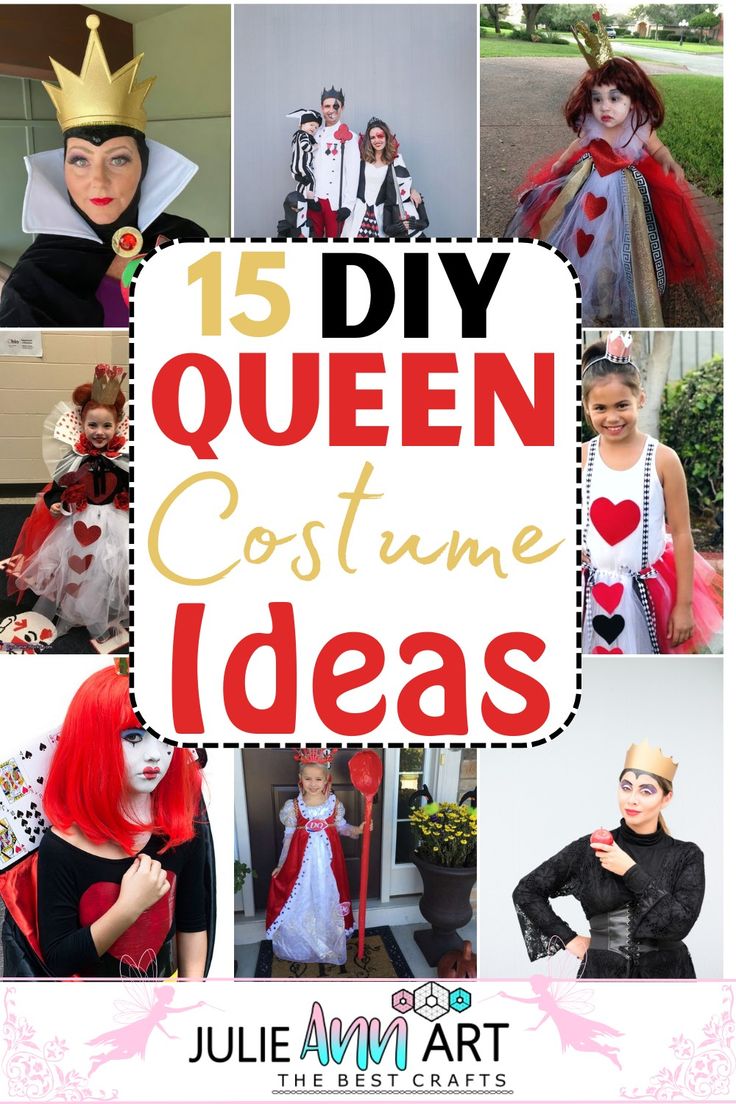 some people are dressed up in costumes and posing for pictures with the words, 15 diy queen costume ideas