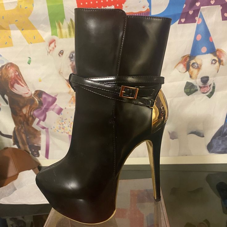 Black Leather High Heeled Boots With Gold Soles. Never Worn. Perfect Condition. Pull On No Zipper. Stunning Boots. Size 8 Black Ankle Boots With Buckle Closure, Party Boots With Ankle Strap Medium Width, Party Boots With Ankle Strap, Chic Platform Mid-calf Boots For Party, Night Out Faux Leather Heeled Boots With Buckle Closure, Night Out Faux Leather Mid-calf Boots With Round Toe, Faux Leather Mid-calf Boots For Night Out, Party Ankle-high Platform Boots With Buckle Closure, Party Booties With Wrapped Heel And Round Toe