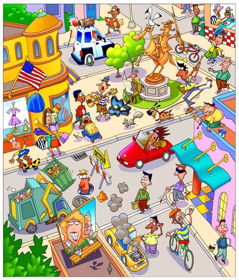 an animated city with lots of people and cars on the street, including children's toys