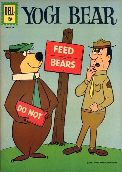 a cartoon bear is standing next to a man holding a sign that reads, yogi bear feed bears do not