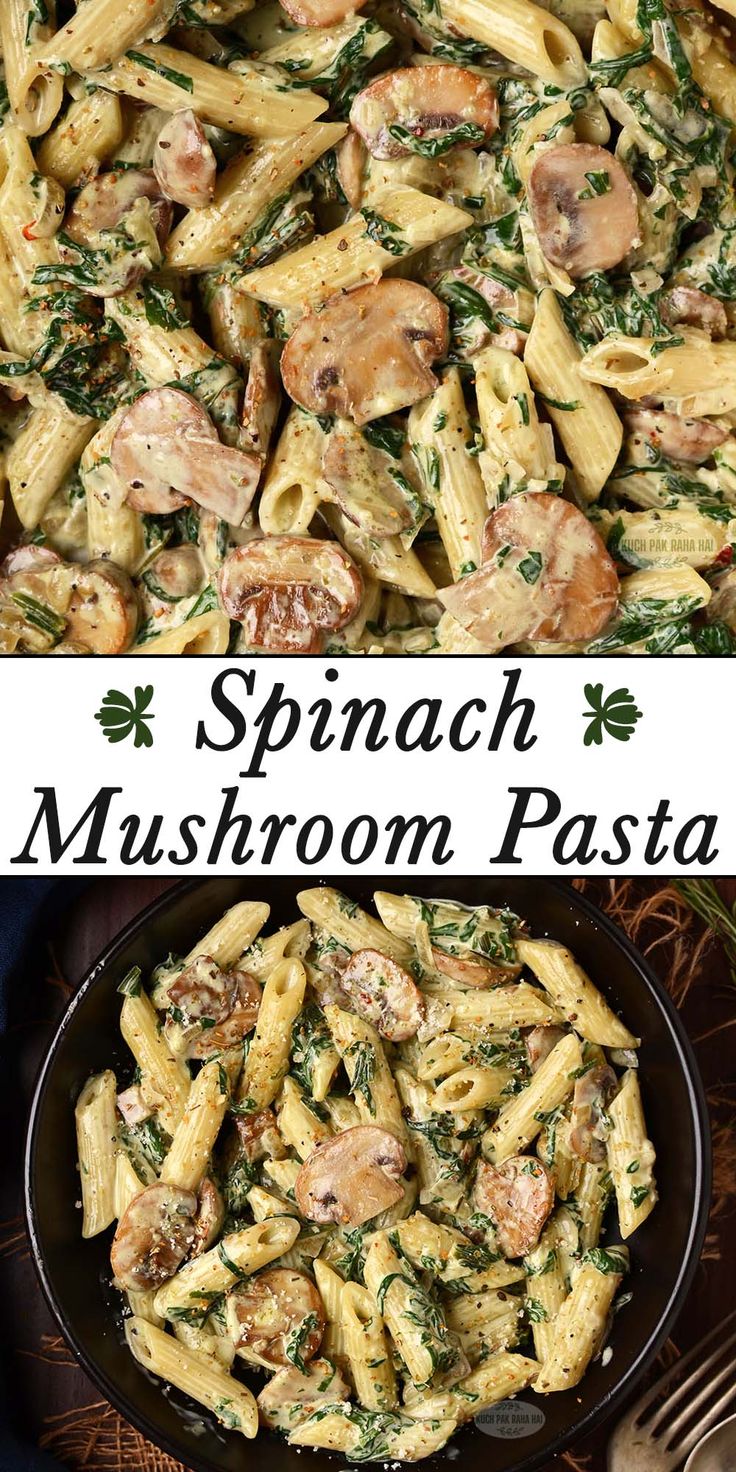 spinach mushroom pasta in a skillet with the title above it