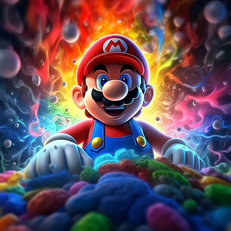 an image of mario on the ground surrounded by colored bubbles and water droplets, as if he's in a super mario game