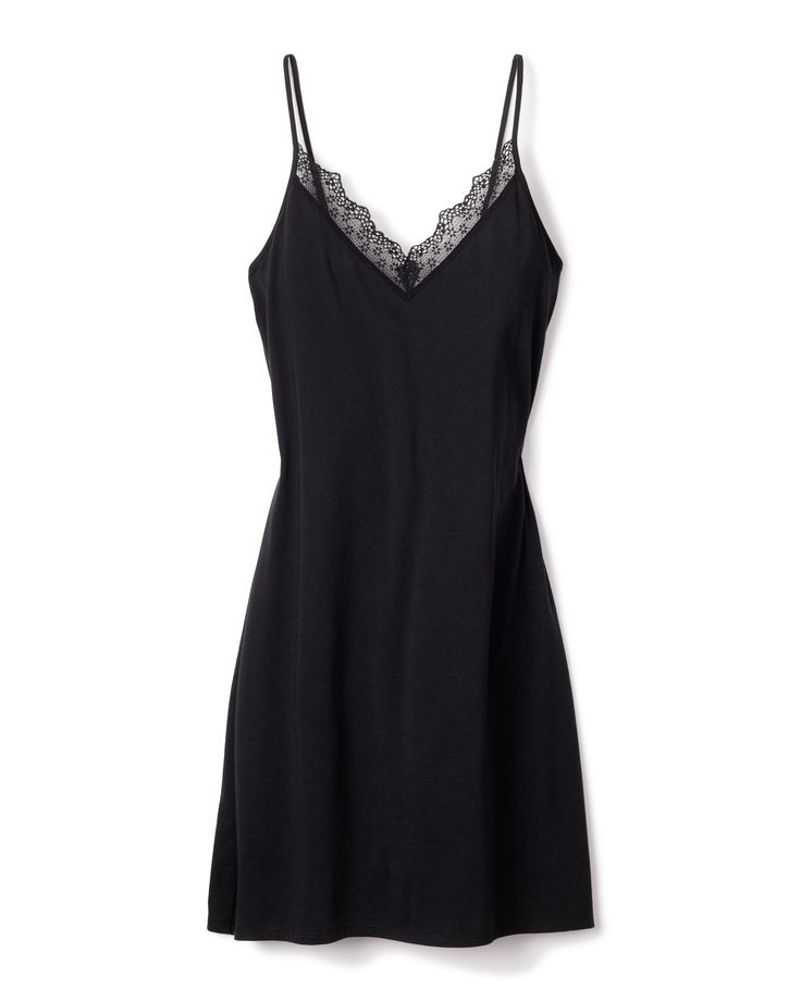 Women's Pima Nightgown with Lace in Black Stretch Cotton Sleepwear, Fitted Seamless V-neck Sleepwear, Cotton Camisole Tops For Lounging, Sleeveless Modal Dress For Loungewear, Elegant Stretch Slip Dress For Loungewear, Cotton Stretch Sleepwear For Relaxation, Stretch Cotton Sleepwear For Relaxation, Summer Modal Dresses For Loungewear, Elegant Seamless Dress For Daywear