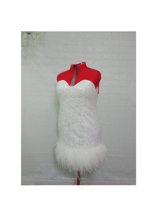 "White Strapless feather-trimmed  mini dress Featured✳️ - Duchess white satin and feathers - Sequin Fabric - 100% polyester linen - There is a zipper on the back. - Trim: 100% feather (ostrich) Ostrich: China - spot cleaning - Made to order. - Custom made for color - Custom made for plus size. - Retail and Wholesale. - Ships worldwide from bangkok thailand. ----------------------------------------------  >>SHIPS WORLDWIDE FROM BANGKOK THAILAND<< 🚀 For Standard Delivery to recipients abroad with White Mini Dress With Feather Trim, White Mini Dress With Feathers For Party, White Feathered Mini Dress For Evening, White Feathered Mini Dress For Parties, White Feather Trim Mini Dress, White Fitted Mini Dress With Feathers, Fitted White Dress With Ostrich Feathers, White Ostrich Feather Evening Dress, White Ostrich Feather Wedding Dress