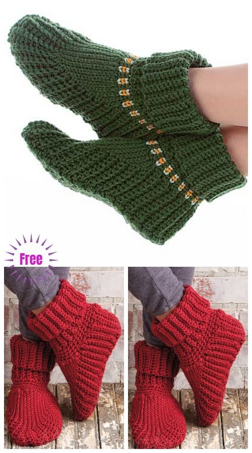 two pictures of the same pair of knitted mittens, one in red and one in green